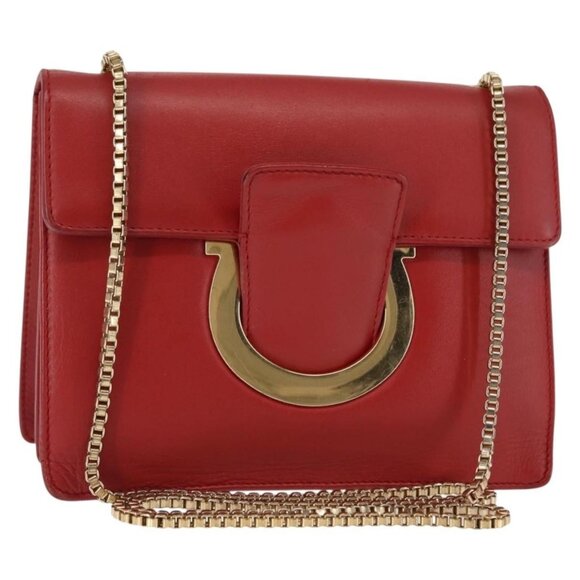 Salvatore Ferragamo Gancini Chain Shoulder Bag Leather Red Gold Auth